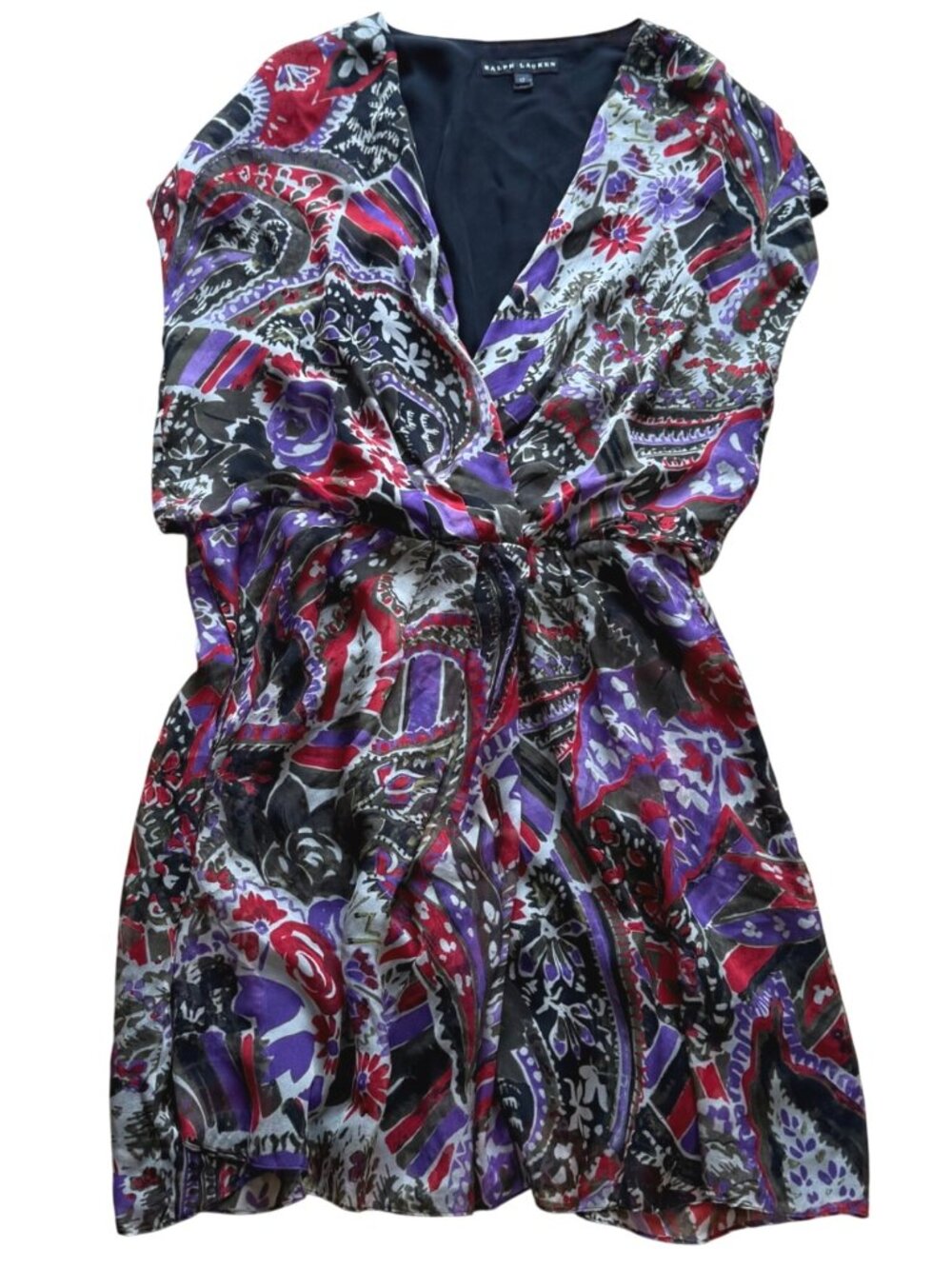 Ralph Lauren Women's Wrap Dress 12 Silk Multicolor Floral Paisley Black Label